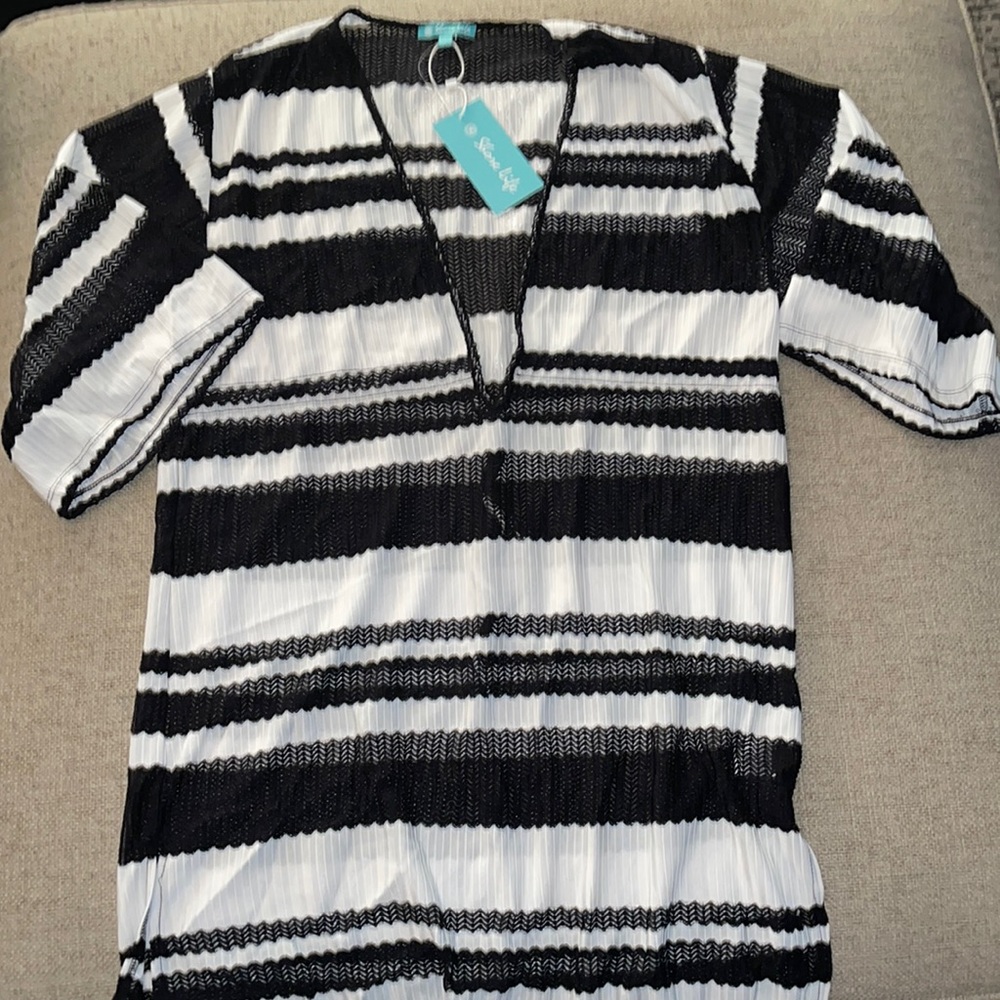 Striped Black & White V-Neck Swim Coverup